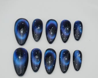 Handmade Cat Eye Galaxy Press On Nails: Party Gel Nail Art