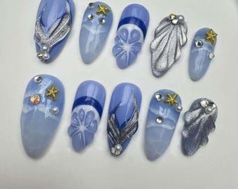 Handmade Blue Almond Press On Nails: Y2K Party NailsCustom Party Nails/3D Floral Almond Press On Nails/Glitter Nails/gift for her