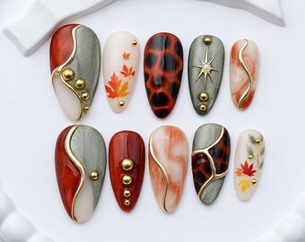 Fall Maple Leaf Press On Nails, Tortoiseshell Gold 3D Nails