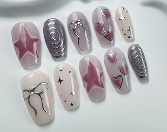 Aangepaste pers op nagels: lange amandel, sterren, harten, strikken/aangepaste feestnagels/glitternagels/bruine nagels/herfstnagels/nepnagels