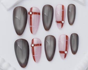 Gray Cat Eye Press On Nails, Pink Plaid Nails Minimalist Handmade Nail Set