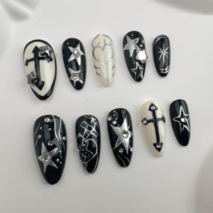 Handmade Gothic Press On Nails: Black & Silver Star Almond Nails