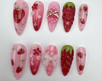Handmade Strawberry Press On Nails: Japanese Kawaii Nail ArtSparkle Nails/Brown Nails/Star Nails/3D Gold Chrome nail/Fall Nails/fake nails
