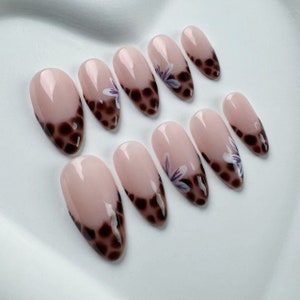 Hand Drawn Almond Press On Nails: Floral Flakes, Long NailsSparkle Nails/Brown Nails/Star Nails/3D Gold Chrome nail/Fall Nails/fake nails