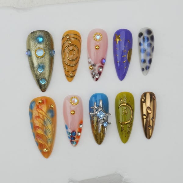 Unhas Postiças Personalizadas: Flocos para Festa, Unhas para Casamento, Presente, Unhas Marrons/Unhas com Estrelas/Unhas Cromadas Douradas 3D/Unhas de Outono/Presente para Ela/Unhas Personalizadas para Festas