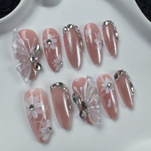 3D Butterfly Press On Nails: Fluorescent Flower, Long Japanese Nails