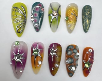 Custom Press On Nails: Flake Design, Long Almond ShapeCustom Party Nails/3D Floral Almond Press On Nails/Glitter Nails/gift for her