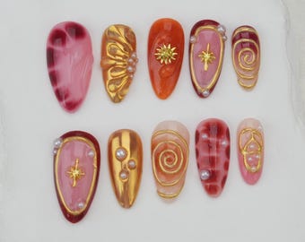 Unghie finte a forma di stella e mandorla fatte a mano: unghie personalizzate per feste/unghie cromate oro 3D/unghie autunnali/regalo per lei/unghie color occhi di gatto/regalo per lei