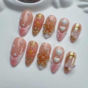 3D Flower Press On Nails: Custom Japanese Long Nails