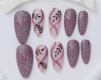 Mauve Glitter Press On Nails, Pink Swirl Leaf Nails,Elegant Nail Art