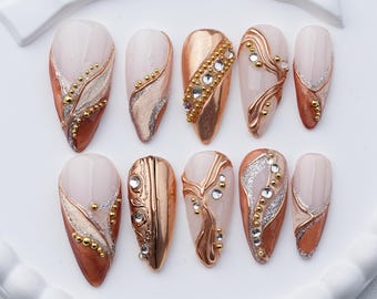 Rose Gold 3D Press On Nails, Metallic Chrome Rhinestone Nails