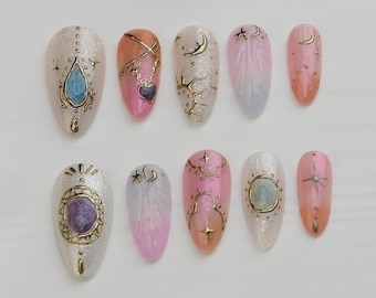 Handmade Gemstone Press On Nails, Custom Gel Nail Art