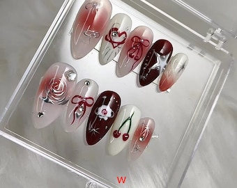 aangepaste pers op nagels/partijpers op nagels/vlokken voor nagels/bruiloft nagels cadeau/Japanse nagels/lange nagels/amandelnagels/y2k stijl nagels