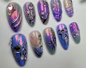 Handgetekende pers op nagels: Y2K amandel lange nagels/aangepaste feestnagels/glitternagels/fonkelende nagels/herfstnagels/cadeau voor haar/