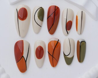 Retro Abstract Press On Nails, Orange Brown Geometric Nails, Minimalist Fall Nail Art
