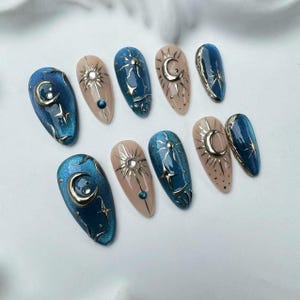 Katzenauge Presse auf den Nägeln: Celestial Almond Lange NägelCustom Party Nägel / 3D Floral Almond Press On Nails/Herbst Nägel/falsche Nägel/Geschenk für sie