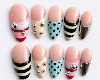 Retro Striped Almond Press On Nails | Y2K Color Block Pop Art Set