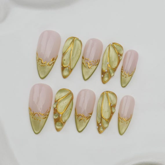 Handmade Press On Nails: Balletcore Flakes, Custom Gel Nail Art/Custom Party Nails/3D Gold Chrome nail/Fall Nails/fake nailsgift for her