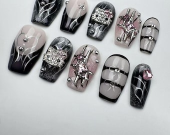 Handmade Y2K Press On Nails: Long Almond, Party NailsCustom Party Nails/3D Floral Press On Nails/Glitter Nails/Sparkle Nails
