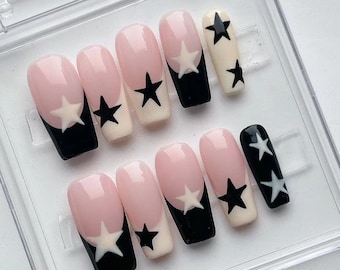 French Star Press On Nails: Long Almond Y2K Style/Custom Party Nails/3D Floral Almond Press On Nails/Glitter Nails/Sparkle Nails