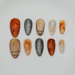 handmade Custom Press On Nails: Long Almond, Party Wedding Nails/Brown Nails/Star Nails/3D Gold Chrome nail/Fall Nails/gift for her