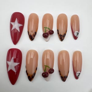 Custom Press On Nails: Star, Cherry, & Leopard Print - Handmade