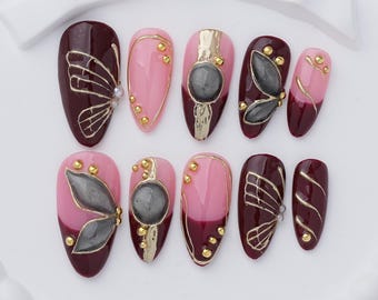 Burgundy Pink Gold Butterfly Press-On Nails, Gothic Handmade Set