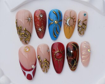 Celestial Sun Press-On Nails, Blue Red Gold Artistic Statement Nail Art