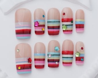 Retro Square Press-On Nails, Colorful Stripes, Rhinestone Y2K Style