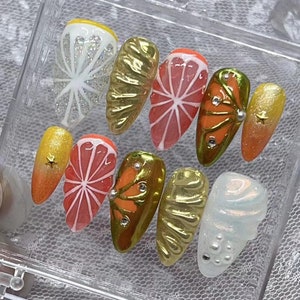 Unhas postiças personalizadas/Unhas com glitter/Unhas brilhantes/Unhas marrons/Unhas com estrelas/Unhas 3D cromadas douradas/Unhas para o outono/Presente para ela/Unhas cor olho de gato