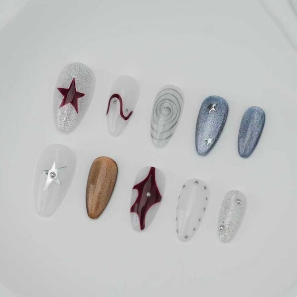 Unhas postiças artesanais: cor olho de gato, estilo festa/casamento