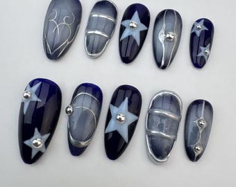 Handmade Star Almond Press On Nails: Custom Party Nails/Sparkle Nails/Brown Nails/Star Nails/3D Gold Chrome nail/Fall Nails/gift for her