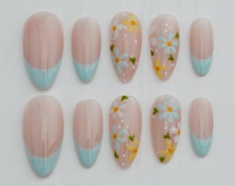 French Tip persnagels madeliefje, bruine amandelnagels herfst