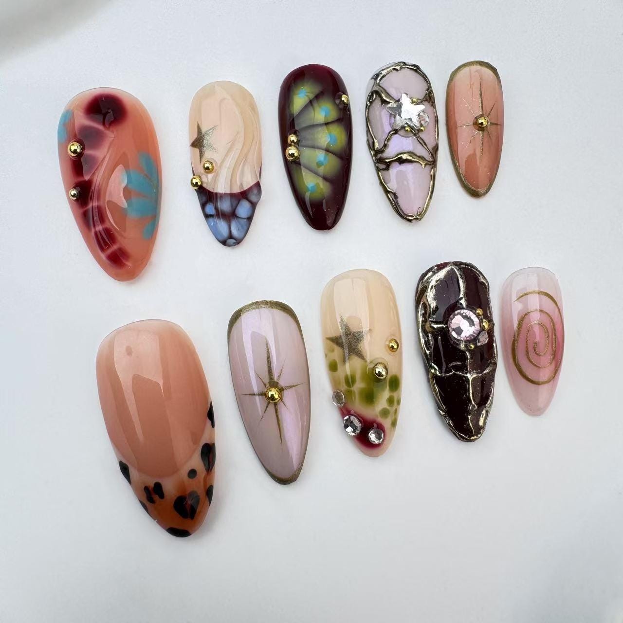 Handmade Almond Press On Nails: Japanese Style Flakes, Party Nails