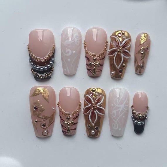 Handmade Balletcore Press On Nails: 3D Flower Gel Nail Art/3D Gold Chrome nail/Fall Nails/gift for her/Cat eye color nail/gift for her
