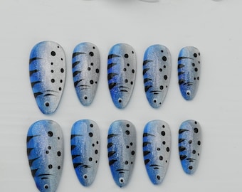 Cat Eye Handmade Press On Nails: Blue Silver Gel Nail Art