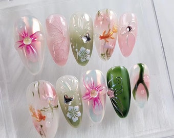 Handgefertigte Floral Almond Press On Nails: Japanischer Y2K Style