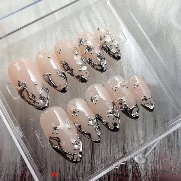 Custom Press On Nails: Japanese Y2K Almond Long Nails/Custom Party Nails/Star Nails/3D Gold Chrome nail/Fall Nails/fake nails