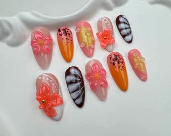 ハンドメイド3Dフラワープレスオンネイル：ロングアーモンドパーティー