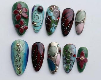 Handmade Press-On Nails, Floral Burgundy Gold Art, Customizable Sizes