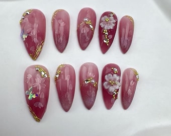 Handmade Press On Nails: Balletcore Flakes, Custom Gel Nail Art/Custom Party Nails/Star Nails/3D Gold Chrome nail/Fall Nails/fake nails