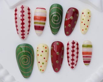 Retro Colorful Press On Nails, Green Swirl Red Polka Dot Nails