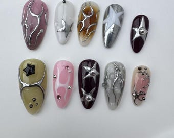 Handmade Flake Press On Nails: Long Almond Party NailsCustom Party Nails/Glitter Nails/Sparkle Nails/Brown Nails/Star Nailsgift for her