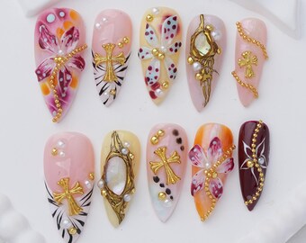 3D Floral Press On Nails, Gold Cross Nails, Pink Statement Nail Set