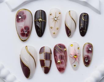 Burgundy Floral Press On Nails, Gold Celestial Almond Nails