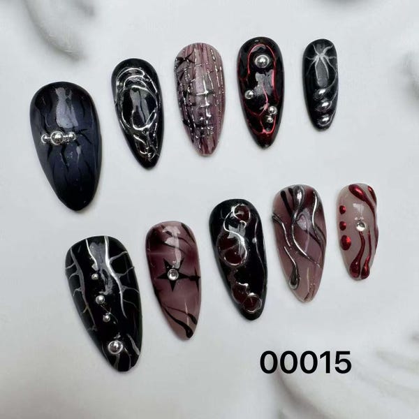 Custom Press On Nails: Long Almond, Party Wedding Nails/Sparkle Nails/Brown Nails/Star Nails/3D Gold Chrome nail/Fall Nails/gift for her