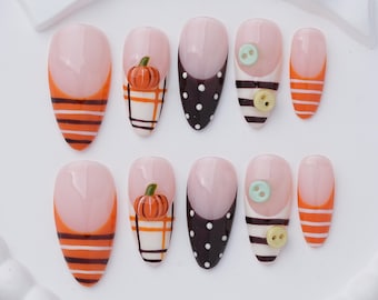 Pumpkin Press-On Nails, Orange Striped French Tips, Fall Nail Art