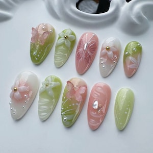 3D Flower Press On Nails: Japanese Almond Long NailsGlitter Nails/Sparkle Nails/Brown Nails/Star Nails/3D Gold Chrome nail/Fall Nails