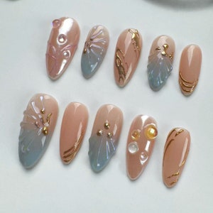3D Floral Almond Press On Nails/Glitter Nails/Sparkle Nails/fake nailsBrown Nails/Star Nails/3D Gold Chrome nail/Fall Nails/gift for her/