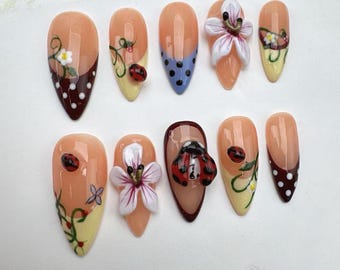 Handmade 3D Floral Almond Press-On Nails: Glitter, Gold Chrome, Fall Design